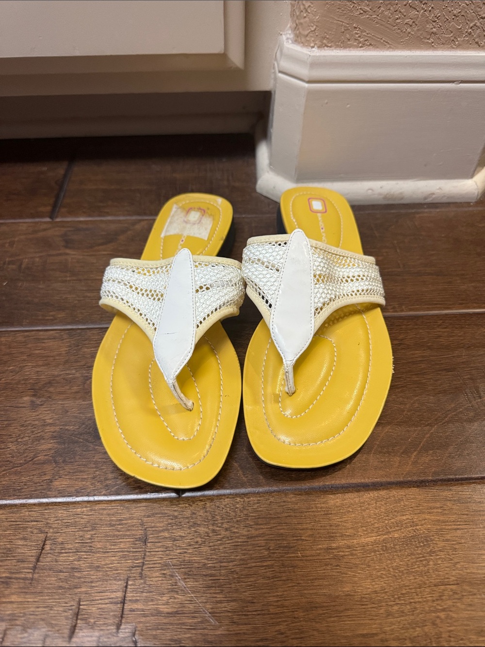 Woven White Thong Sandals with cushioned Yellow Footbed - Women